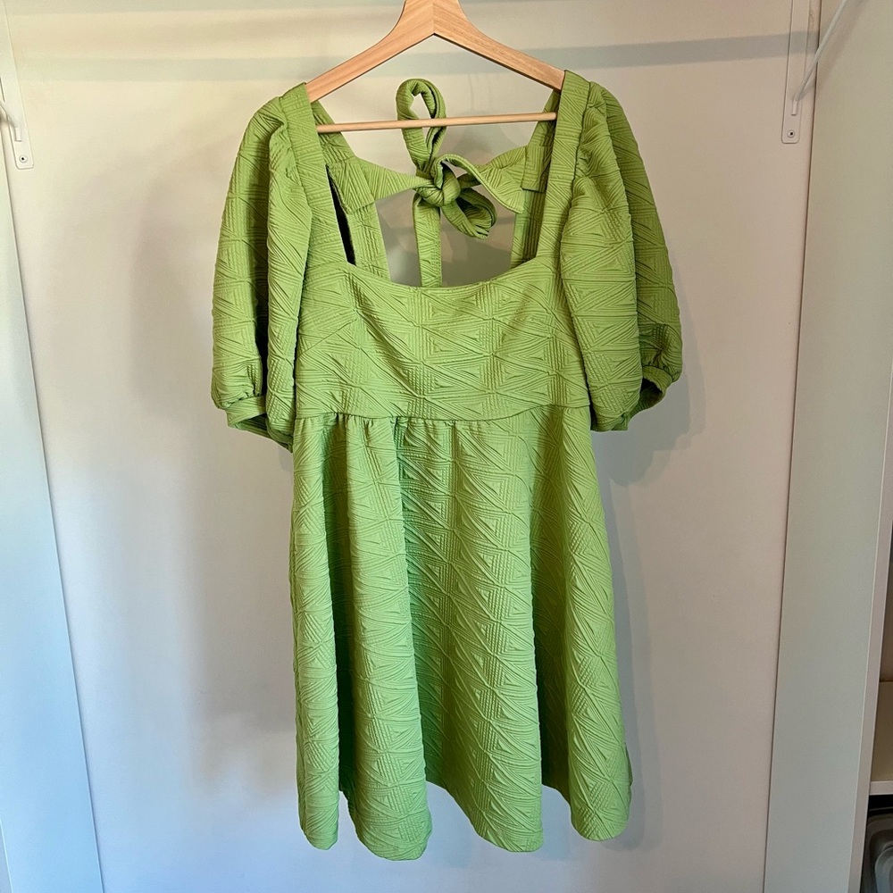 Green Textured Dress with Bow Back